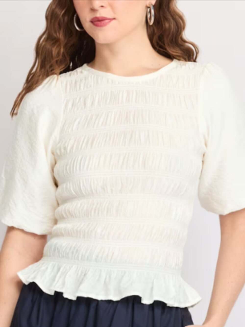 52Seven White Smocked Puff Sleeve Peplum Top Blouse [Size M]